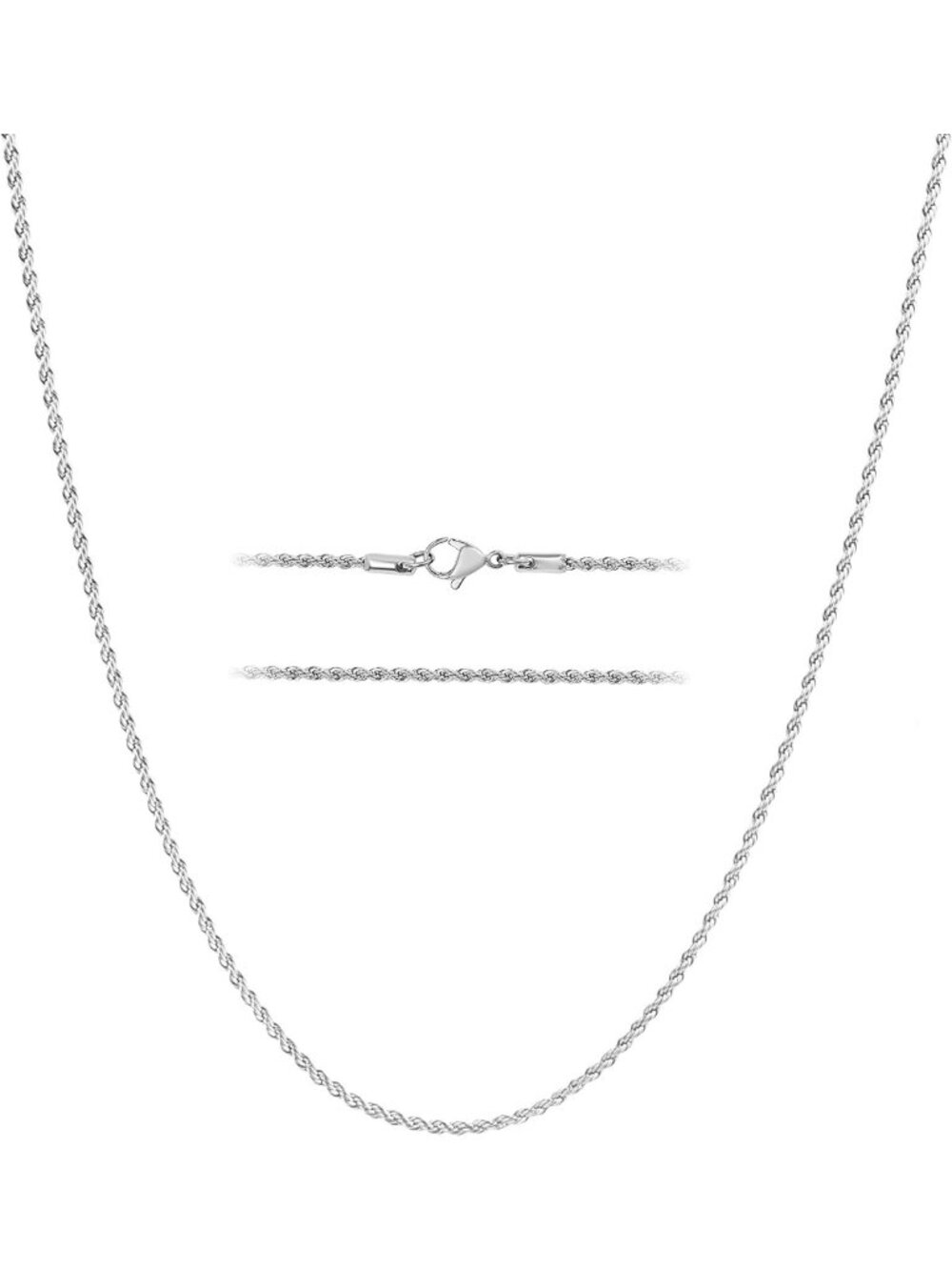 Elegant White Gold Rope Chain Necklace for Women - 2mm Stainless Steel Jewelry